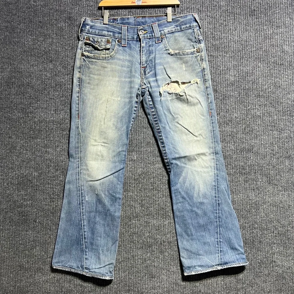 True Religion Joey Jeans Mens 32 Blue Distressed Flare Twisted Seam Made in USA